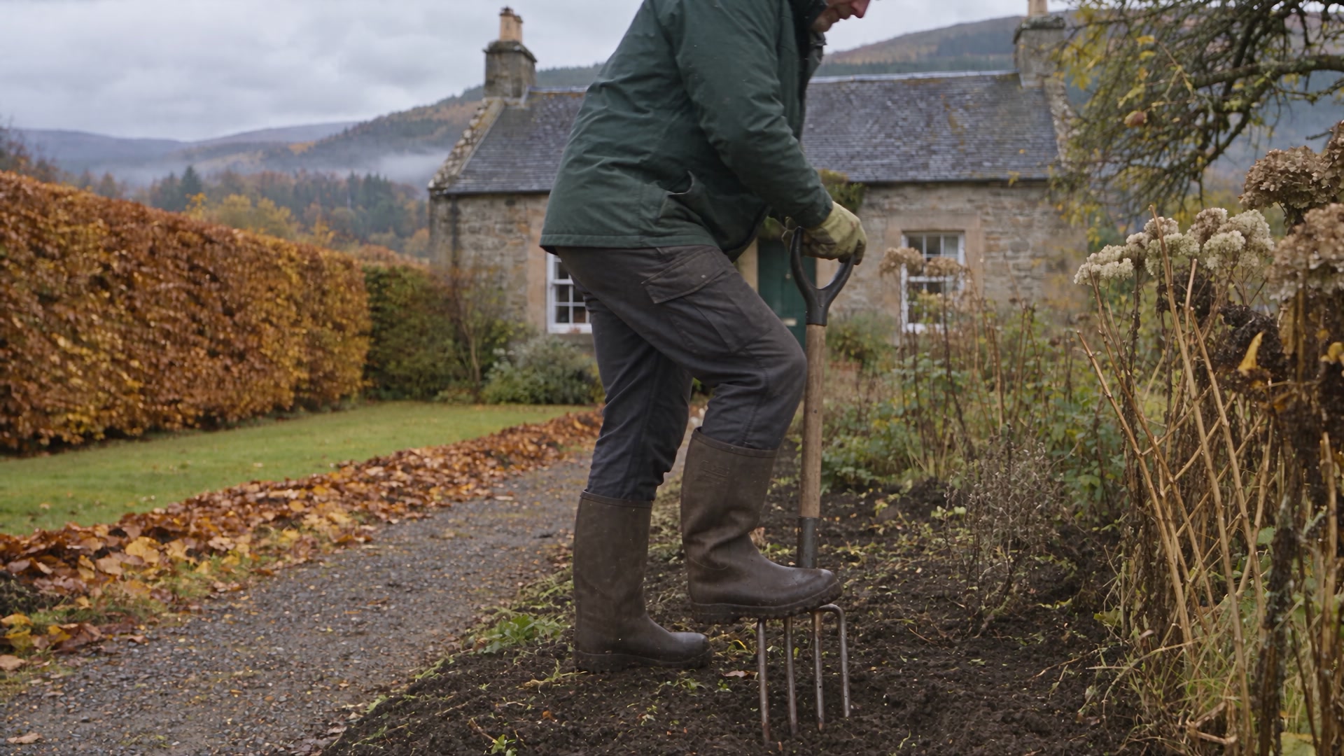 A gardener pressing a digging fork into a border with his boot, then lifting and turning the soil