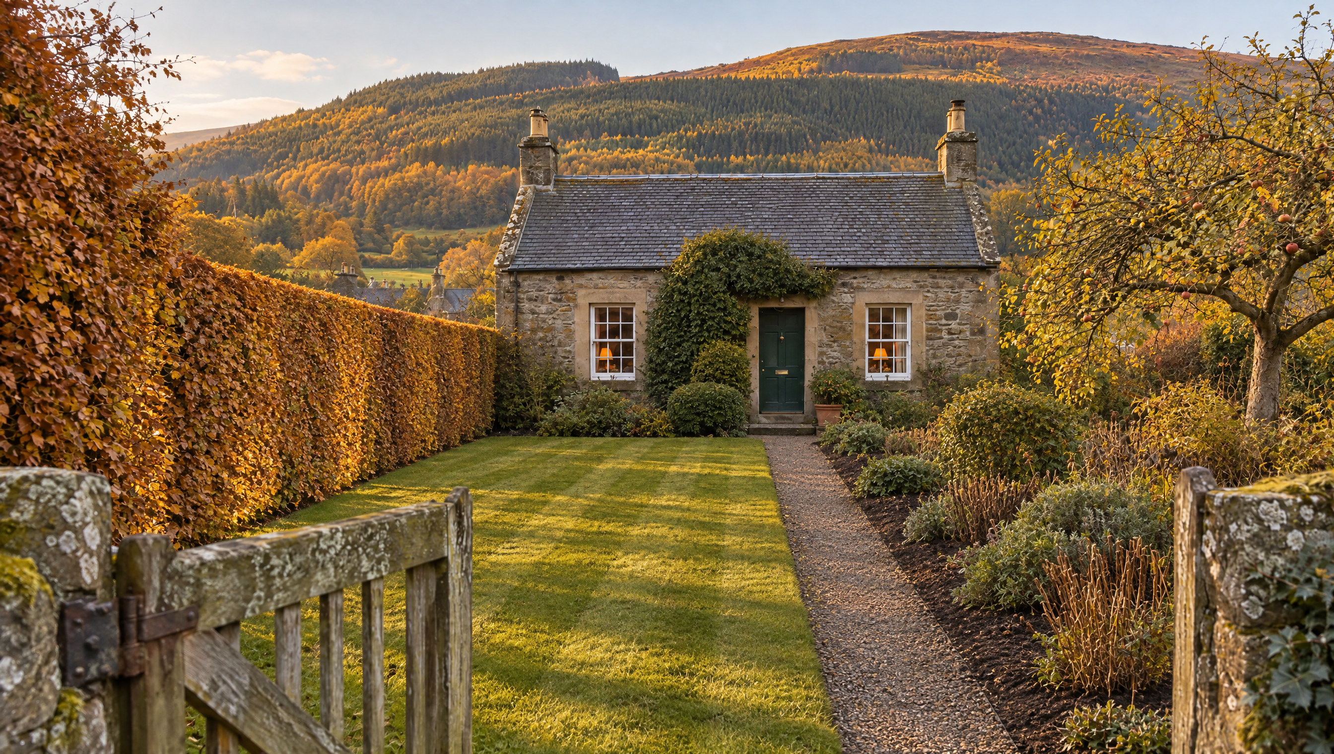 The same cottage garden at golden hour: striped lawn, crisp beech hedge and a clean gravel path